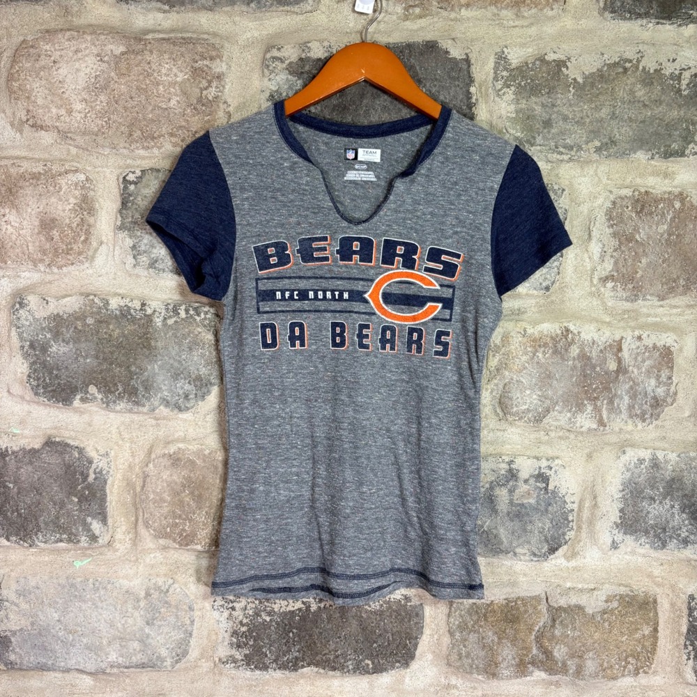 NFL Team Apparel Chicago Bears Women Small Gray Navy Confetti Notched V-Neck Tee